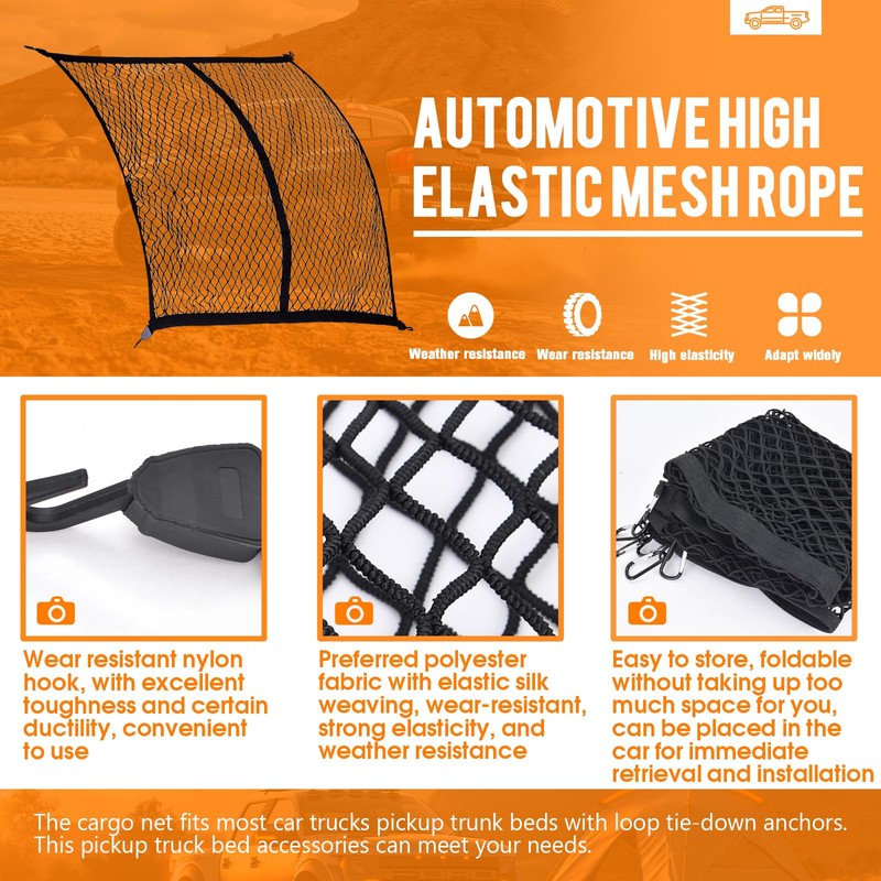 Powerful Cargo Net for Pickup Truck Bed Highly Elastic Mesh