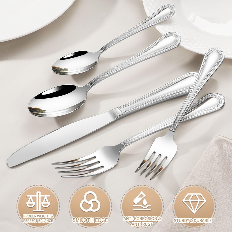 Heavy Duty Silverware Set for 12, 18/10 Stainless Steel, 60