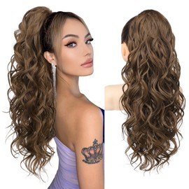 REECHO Ponytail Extension, 24" Claw Clip Ponytail Extension Wavy Ponytails Hair Extensions Jaw Clip on Pony Tails Natural Synthetic Hairpiece for Women Daily, Ginger Brown