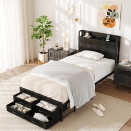 Zevemomo Twin Bed Frame with Storage Drawers, Twin Metal Bed Frame with LED Light and Charging Station, Heavy Duty Metal Slats, No Box Spring Needed, Black