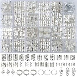 300 Pcs Silver Hair Jewelry for Braids,12 Styles Dreadlock Accessories, Adjustable Metal Hair Clips, Hair Cuff Coils Rings Braiding Decorations for Wo