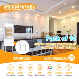 SSQY G8/GY8.6 LED Light Bulb 3 Watts Warm White - G8 Base Bi-pin Xenon JCD Type LED 120V 20W Halogen Replacement Bulb,Under-Cabinet Light.Pack of 10 (Warm White)