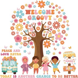 Qyeahkj 115Pcs Groovy Classroom Tree Bulletin Board Decorations Set Motivational Welcome Accents Tree Wall Bulletin Decor Boho Daisy Owls Cut-Outs for Back to School Blackboard Decor Teacher Supplies