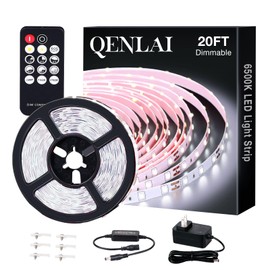 QENLAI 20ft White LED Strip Lights, Upgraded 6500K Dimmable Tape Lights with Remote and Plug, 12V 360 LEDs Flexible Sticky Cuttable Led Light Strips for Bedroom Ceiling Kitchen Under Cabinet Lighting