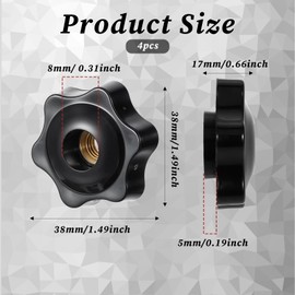 Set of 4 Star Grip Nuts M8, Star Nuts, Black Star Shape Head Clamping Nut, Thumb Screw with Internal Thread