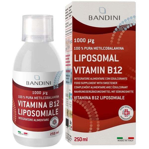 Bandini® Vitamina B12 Liposomiale 1000 mcg - Integratore Liposomiale Liquido da 250 ml - Vitamine B 12 ad Alto Dosaggio ed Assorbimento - 100% Vegan - Senza OGM - Senza Soia - Con Tappo Dosatore