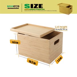 BAMOTTO Lidded Bamboo Storage Bins & Box/Cube/Basket, Home Kitchen and Office Storage Boxes with Handles & Stackable for Organizer Tableware, Clothing, Toys, Office Shelf Books, 10.2”x7.3”x6.5”