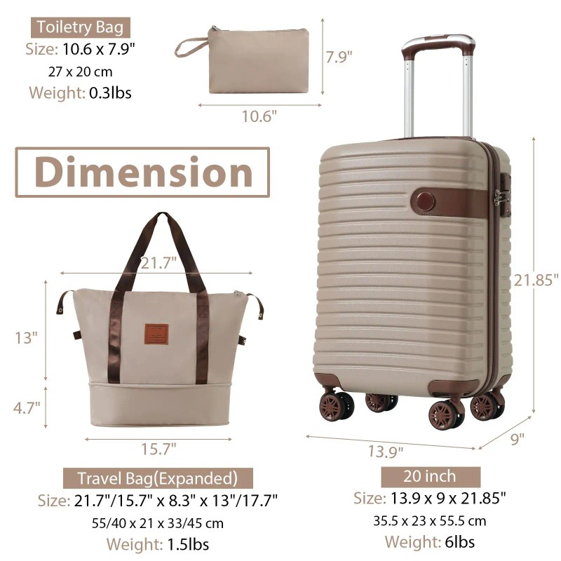 20 Inch Khaki Luggage Sets 3-Piece Lightweight Hardshell ABS Carry-On