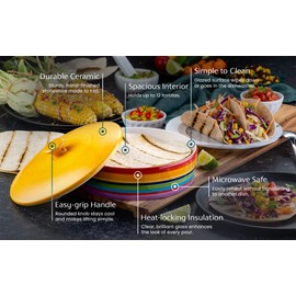 Tortilla Warmer, by Kook, Tortilla Holder, Taco Bar, Ceramic Hand-Painted with Lid, Authentic, Microwavable Storage Container, Dishwasher Safe, 8.5 Inch, Rainbow Feista