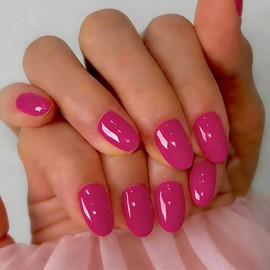 SXVME Uñas postizas cortas de gel suave, 32 piezas, 16 tamaños, rosa fucsia transparente, ovaladas, reutilizables, con pegamento, color almendra fucsi