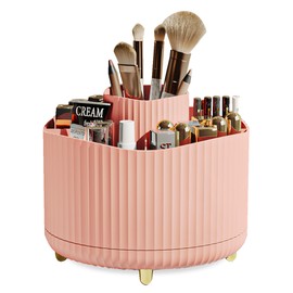Veki 360°Rotating Makeup Brush Holder Organizer, Makeup Organiser for Dressing Table, Cosmetic Brush Holder for Bathroom Vanity, Cosmetic Brushes Container Storage for Lipstick Eyeliner (Pink)