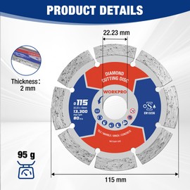 WORKPRO 2-Pack 115mm Diamond Cutting Discs, Segmented Diamond Saw Blades for Angle Grinder, 115 x 2 mm Dry Cutting Wheels for Stone, Concrete, Marble, Granite, Brick and Tiles