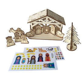 FOTOFOL Craft Set Christmas Nativity Scene Made of Birch Plywood with Sticker - Nativity Figures, Christmas Tree for Painting for Children - Wooden Christmas Decoration - Beautiful Gift Idea for