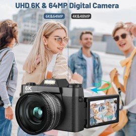 6K Digital Camera for Photography - WiFi 64MP Vlogging Cameras for YouTube with 3" 180° Flip Screen, 16X Digital Zoom Autofocus Vlog Travel Camara with 32GB SD Card, 2 Batteries and Double Charger