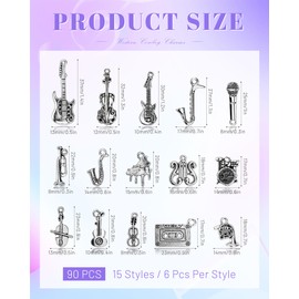 YETOOME 90 Pcs Tibetan Musical Instrument Charms, Silver Music Charms Pendants for Necklace Bracelet Earrings Jewelry Making and Crafting,15 Styles