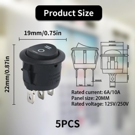 Pack of 5 Rocker Switches 3 Positions, Rocker Switch 12 V 3 Pole, Mini Toggle Switch Rocker Switch 12 V On/Off-On Black, 3 Pins Built-in Switch Lockable Embedded Round for Car Boat Household