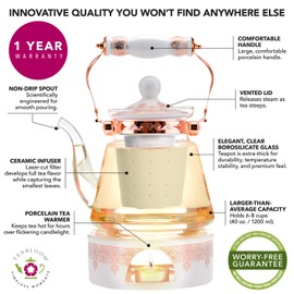 Teabloom Buckingham Palace Teapot & Flowering Tea Gift Set (6 Pieces) - Stovetop Safe Glass Teapot (40 OZ / 1.2 L / 4-5 CUPS), Porcelain Lid, Tea Warmer, Loose Tea Infuser, 2 Gourmet Rose Tea Flowers