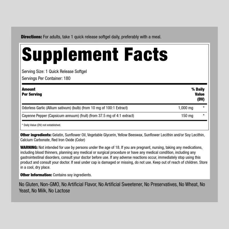 Piping Rock Garlic and Cayenne Supplements | 180 Softgels |