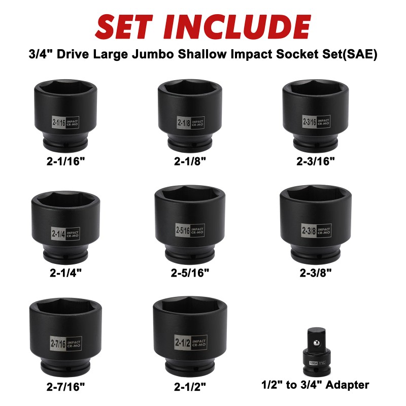 Focus Tool 9PCS 3/4" Drive Spindle Axle Nut Impact Socket