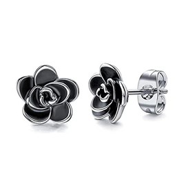 Gilieyer Rose Flower Stud Earrings for Women, 18K Gold Plated Enamel Craft Black Rose Flower Earrings Cute Earrings Jewelry Gifts for Girlfriend Mother's Day (Silver Black)