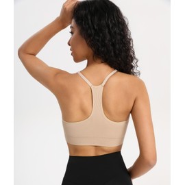 INIBUD Sports Bra for Women Halter V-Neck Racerback Minimizer Padded Bralettes Longline Crop Tops Seamless Workout Black+Nude+Purple Medium