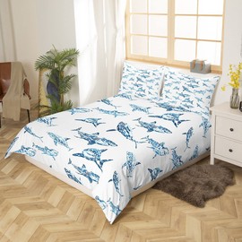 Erosebridal Shark Bedding Set Twin Ocean Life Duvet Cover for Child Boys Blue Watercolor Hand Drawn Cartoon Sharks Comforter Cover Underwater Sea Wild Animals Fish Room Decor Marine Life Quilt Cover