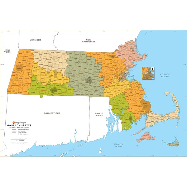 Massachusetts ZIP Code Map with Counties - Large - 48"