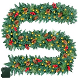 9FT Christmas Garland Decoration Prelit Christmas Garland with 100 Lights Battery Operated Lighted Garland with Pine Cones Red Berries Cedar Lush 282 Branches Garland for Mantle Stairs Door Tree Timer