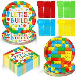 Gejoy 96 Pcs Building Block Birthday Party Supplies, Include 7 Inch 9 Inch Brick Party Plates and Napkins Disposable Plastic Spoons Forks Knives for Girls Birthday Decorations Serves 24 (Bright Color)