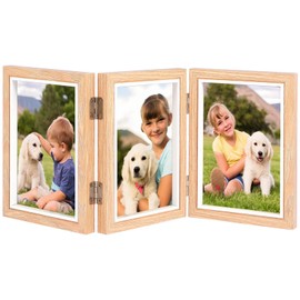 Triple Photo Frame 4x6 Hinged Folding Wood Picture Frame with Glass Front Stand Vertical on Desktop for Display (Wood color(Triple))