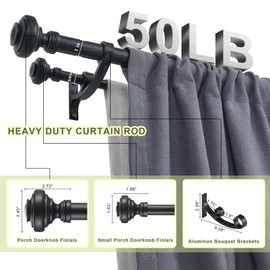 Mayrhyme Wood Double Curtain Rod for Windows 36 to 72 Inches (3 to 6 ft), Adjustable Heavy Duty Double Drapery Rods, Farmhouse Collection Decorative Design with Porch Doorknob Finials,Antique Black