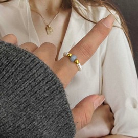 Eviarli Vintage Stretch Ring Perlen Perlen Stapelbarer Ring StretchRing Handgefertigte Stapelringe Schmuck Damen (Blaue Perlen)