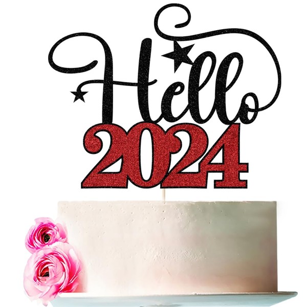 Bejotaa Hello 2024 - Decoración de fiesta de Año Nuevo, decoración para tartas, Feliz Año Nuevo, 2024, suministros para fiestas, Feliz Año Nuevo, decoración de fiesta de Año Nuevo (Hola 2024, color negro y rojo)