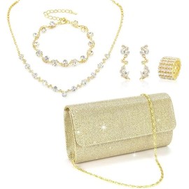 Conjunto de 5 piezas de Joyería con Bolso de Mano,Brillante Joyas Mujer de Regalo Bolso de Noche Collar Pendientes Pulseras Anillo para Mujer Joyas para la Fiesta de Graduación de la Novia