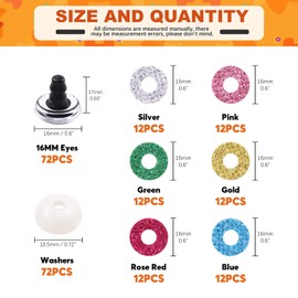 Tanstic 72Pcs 16mm Glitter Plastic Safety Eyes Half Round Eyes Stuffed Animal Eyes for DIY of Puppet, Bear, Toy Doll Making Supplies