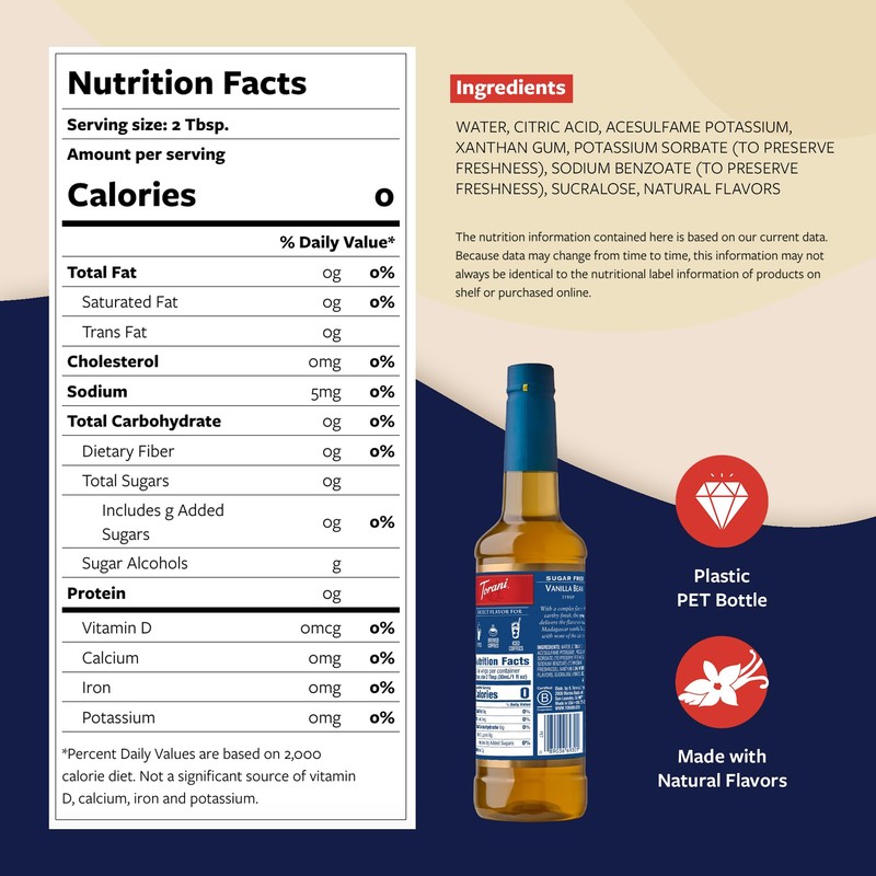 Torani Sugar Free Coffee Syrup, Vanilla Bean Flavoring for Drinks,