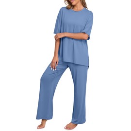 PrinStory Lounge Sets for Women Pajamas Set Soft Pj Sets Loose Womens Pajama Soft Loungewear with Pockets Gray Blue-2XL