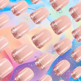 24Pcs Pink French Tips Press on Nails Curve Line Acrylic Full Cover Fake Nails Glossy Silver Glitter Short Square False Nail Sparkly Stick on Nail Shine Gel Glue on Fingernail for Holiday Manicure Art