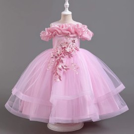 Elegant Girl Piano Performance Dress Flower Girl Wedding Bridesmaid Dress for 4-12 Years O-Neck Crocheted Beading Short forSize: 140, Color: Pink, Age: 2-3Y