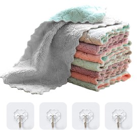 8 Coral Fleece Cleaning Cloths and 4 Clear Hooks, Dish Towels, Absorbent Cloths Without Oil, Scouring Pads, Super Absorbent Coral Fleece Cleaning Cloths, Essential for Kitchen