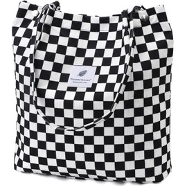 Corduroy Tote Bag for Women Canvas Shoulder Cord Purse with Inner Pocket（Checkered）