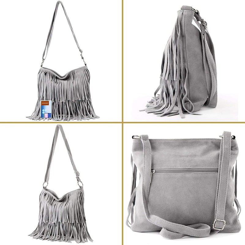 Womens Italian Real Suede Leather Fringe Tassel Shoulder Handbag Cross
