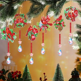 Perthlin 6 Pcs 5D Diamond Art Wind Chime Cardinal Diamond Art Suncatcher Kits Christmas Double Sided Cardinal Diamond Art Kits with Crystal Pendant Hanging Ornament for Adults Kids Home Garden Decor