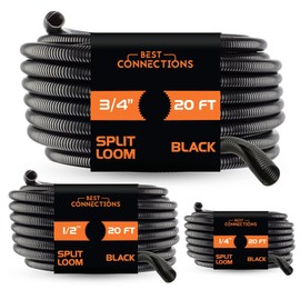 BEST CONNECTIONS (1/4" X 20 ft) (1/2" X 20 ft) (3/4" X 20 ft) Assorted Split Wire Loom Flex-Guard Convoluted Tubing – Protective Split Cable Sleeves/Conduit – Black