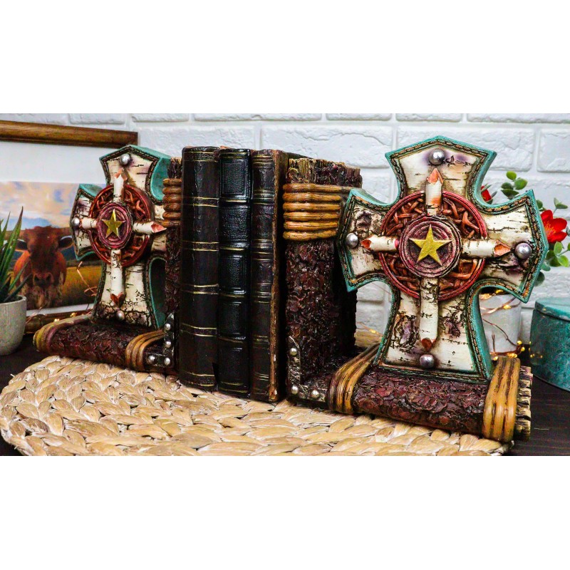Rustic Western Star Turquoise Birchwood Birch Tree Cross Decorative Bookends