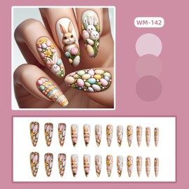 Easter Press on Nails Medium Almond - Cartoons Colorful Fake Nails Press Ons With Cute Bunny Eggs Designs Full Cover Acrylic Nails Tip Kit for Women 24 Pcs