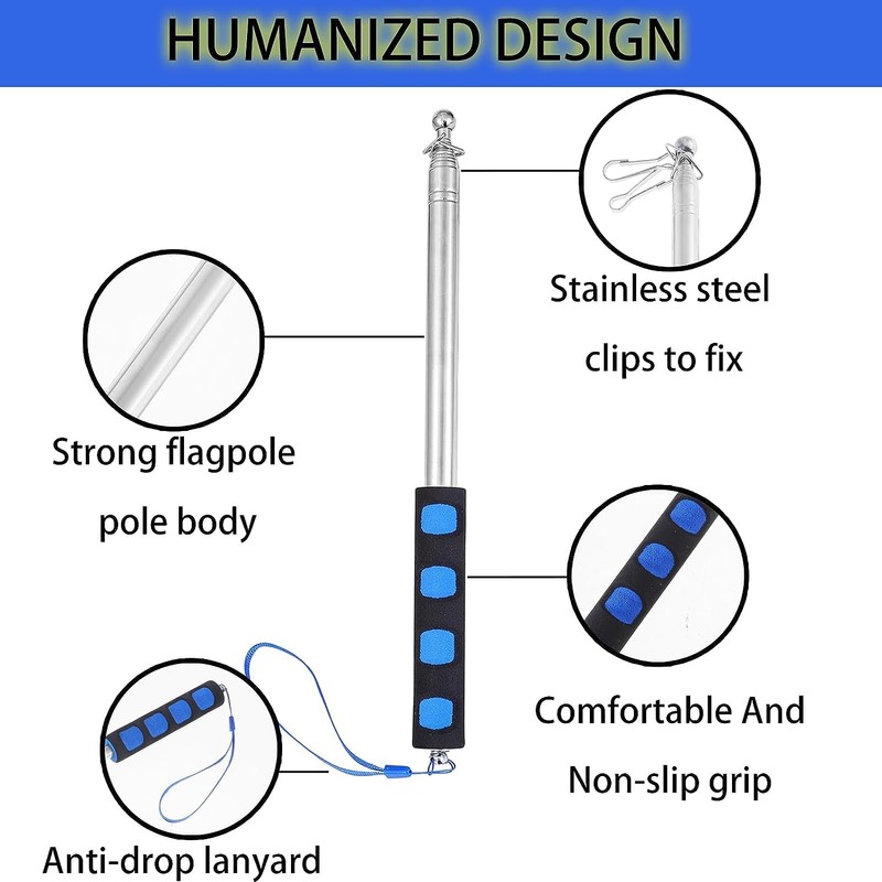 Difounmas 2.5 m Telescopic Flagpole Set, Handheld Telescopic Flagpole, Blue