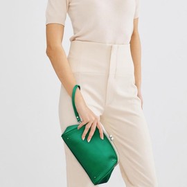 QJK Cosmetic Bag for Woman, Kiss Lock Clutch Bag Genuine Leather Evening Bag Kiss Clasp Wrist Wallet Vitange Handbag (GREEN)