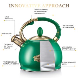 SUSTEAS Stove Top Whistling Tea Kettle - Food Grade Stainless Steel Teakettle Teapot with Cool Touch Ergonomic Handle, With 1 Silicone Pinch Mitt Included, 2.64 Quart (Green)