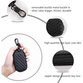 Universal Key Fob Cover Case, Genuine Leather Car Smart Key Protector With Metal Hook, Keyring Zipper Bag for Remote (Black, One size)